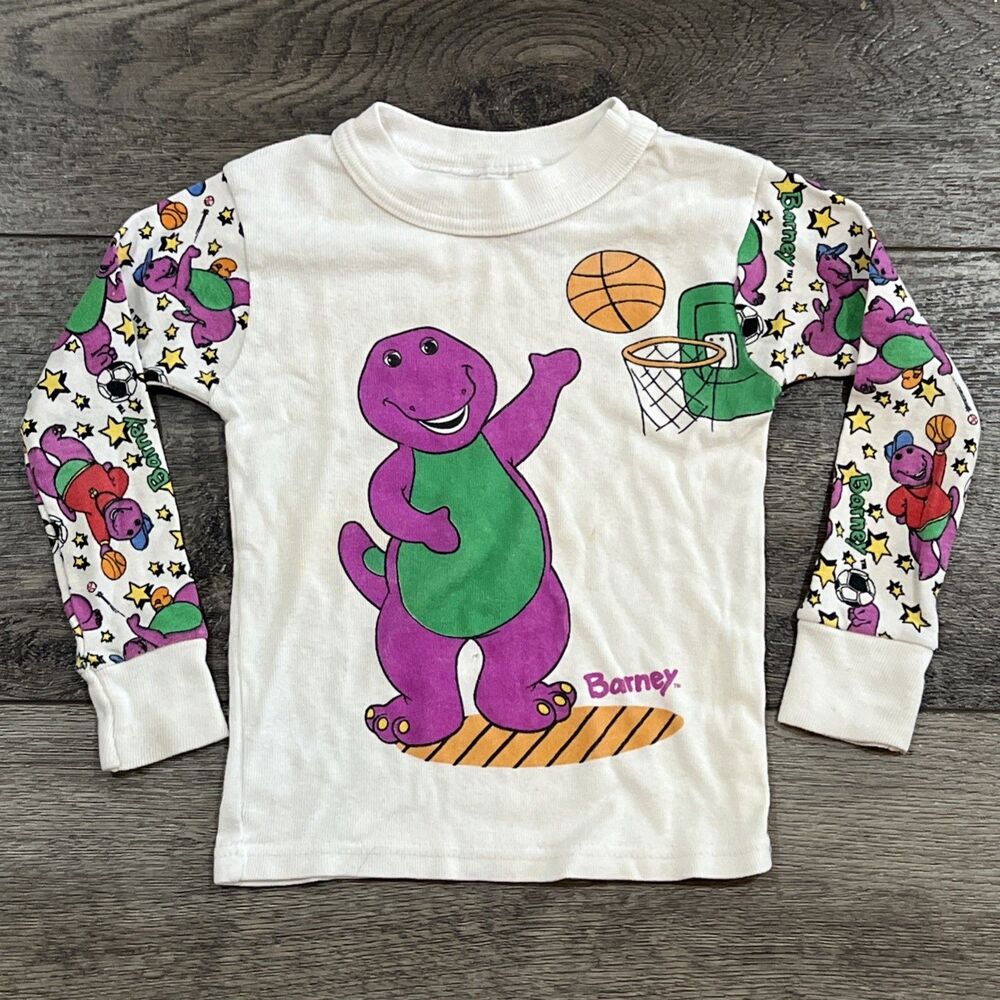 Vintage 90s 1997 Barney Basketball Sports Long Sleeve T-Shirt AOP Sleeve Kids 4T